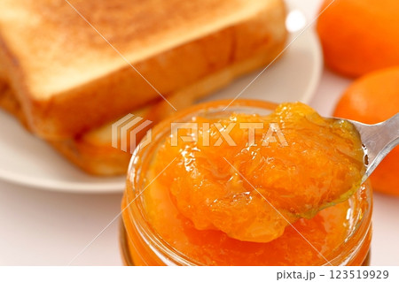 スプーンですくったミカンジャムとトースト スプーンですくったミカンジャムとトースト 123519929