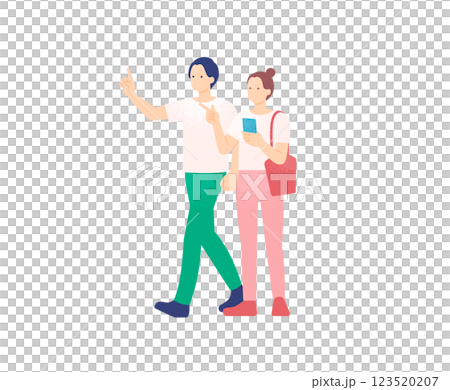 An icon of a traveling couple checking a map on a smartphone. A stylish and cute vector design. 123520207