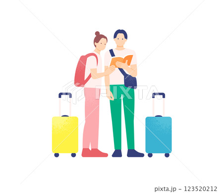 ガイドブックをチェックする旅行者。観光・旅行のベクターイラスト素材。  123520212