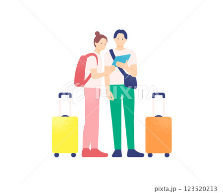 スーツケースを持った旅行者。タブレットで旅の情報をチェックする観光客のイラスト素材。 123520213