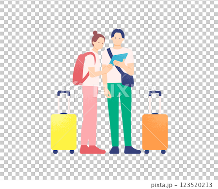 スーツケースを持った旅行者。タブレットで旅の情報をチェックする観光客のイラスト素材。 123520213