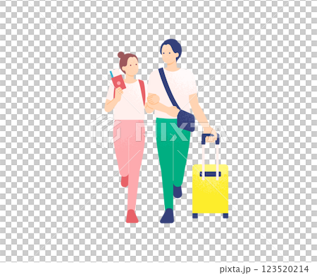 スーツケースを持って歩く旅行者。パスポートを手に心が弾む観光客のベクターイラスト。 123520214