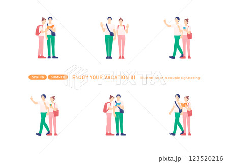 地図をチェックし食べ歩きを楽しむ旅行客。観光する男女のベクターイラストセット。 地図をチェックし食べ歩きを楽しむ旅行客。観光する男女のベクターイラストセット。 123520216