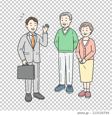Illustration of an elderly man and woman couple receiving an explanation from a man in a suit 123520784