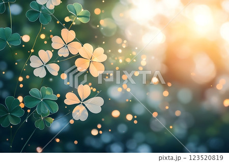dreamy image of clover leaves bathed in soft sunlight against a bokeh background.  dreamy image of clover leaves bathed in soft sunlight against a bokeh background.  123520819