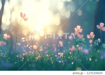 dreamy sunset over a field of clovers. soft pastel colors and bokeh create a magical dreamy sunset over a field of clovers. soft pastel colors and bokeh create a magical 123520820