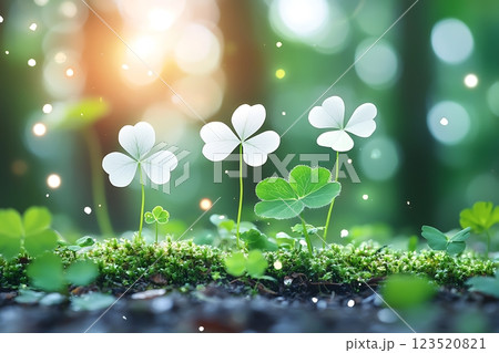 enchanting image of clovers in a sunlit forest. perfect for spring themes, st. patrick's day enchanting image of clovers in a sunlit forest. perfect for spring themes, st. patrick's day 123520821