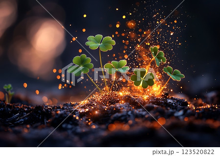 mystical image of clovers emerging from fiery embers. perfect for st. patrick's day mystical image of clovers emerging from fiery embers. perfect for st. patrick's day 123520822