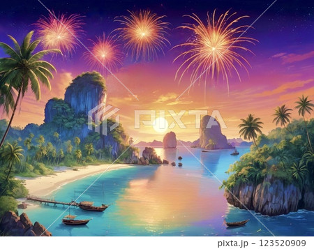 夕日が沈む南国の離島と花火-5 123520909