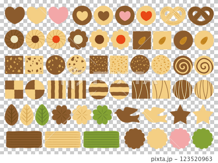 A set of illustrations of cookies such as hearts and riff-a-fong seen from above 123520963
