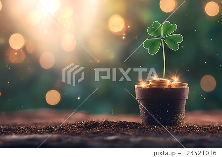 magical st. patrick's day image of a four-leaf clover growing from a pot of gold coins. 123521016