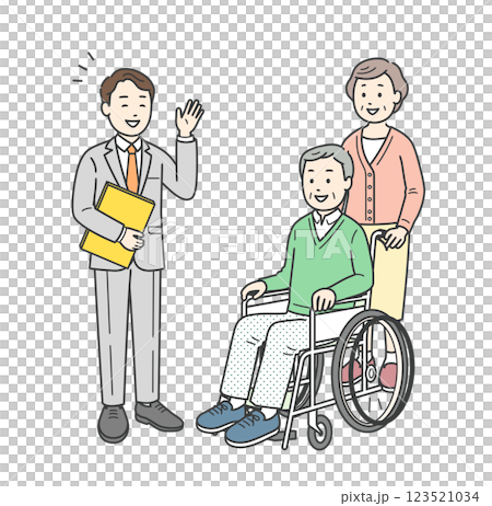 Illustration of an elderly man and woman in wheelchairs receiving an explanation from a man in a suit Illustration of an elderly man and woman in wheelchairs receiving an explanation from a man in a suit 123521034