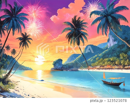 夕日が沈む離島のビーチリゾートと花火-4 123521078