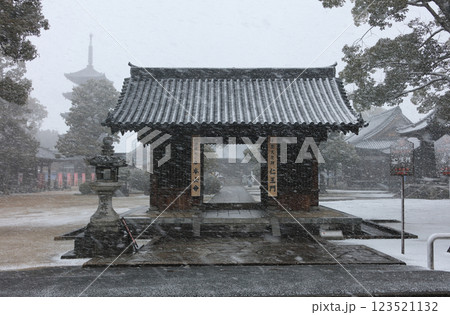 雪にかすむ四国霊場第70番札所「本山寺」仁王門から本堂と五重塔を見る 123521132