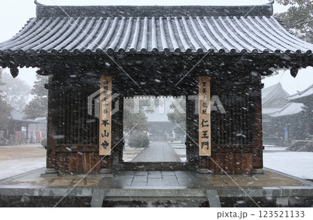雪にかすむ四国霊場第70番札所「本山寺」仁王門から本堂を見る 123521133