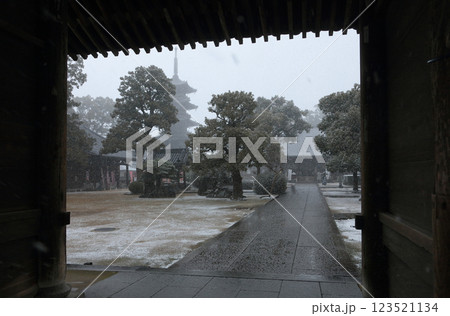 雪にかすむ四国霊場第70番札所「本山寺」仁王門から本堂と五重塔を見る 123521134
