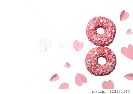8 March, International Women's Day, figure eight of donuts and paper hearts, space for text, isolated on white background, PNG 8 March, International Women's Day, figure eight of donuts and paper hearts, space for text, isolated on white background, PNG 123521146