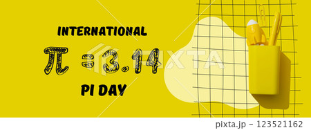 Pi day, pencil case for stationery on the table, on a yellow background. 123521162