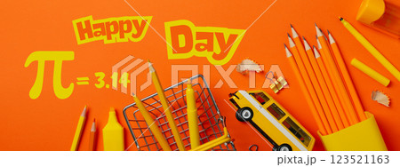 Pi day, school desk, top view, for Pi day holiday. 123521163