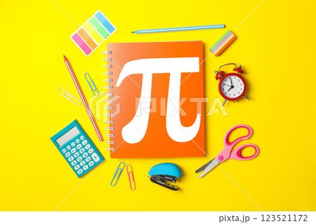 Pi day, school desk, top view, for Pi day holiday. Pi day, school desk, top view, for Pi day holiday. 123521172
