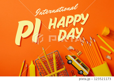 Pi day, school desk, top view, for Pi day holiday. 123521173
