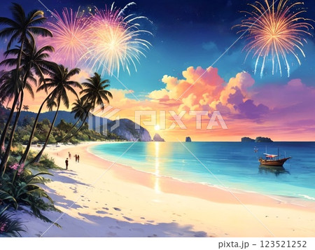 夕日が沈む南国の離島と花火-23 123521252