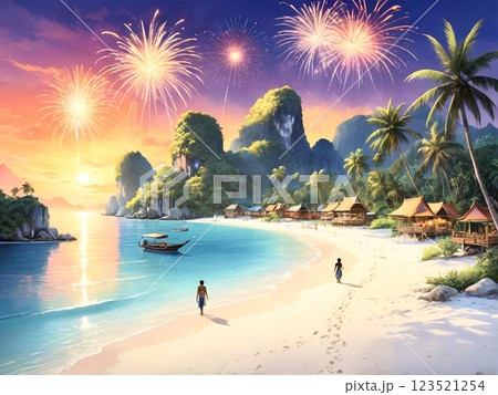 夕日が沈む離島のビーチリゾートと花火-8 123521254