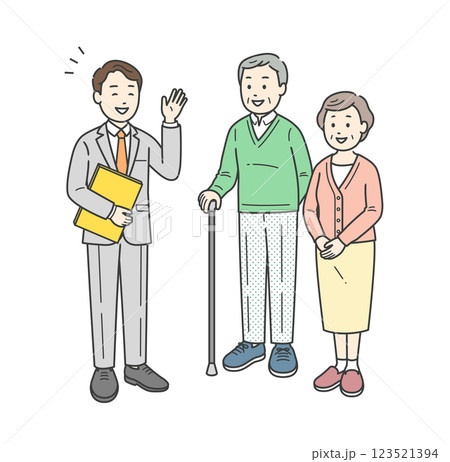 スーツ姿の男性から説明を受ける高齢者男女夫婦イラスト スーツ姿の男性から説明を受ける高齢者男女夫婦イラスト 123521394