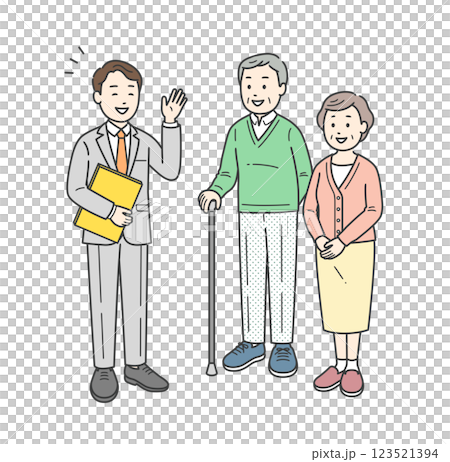 スーツ姿の男性から説明を受ける高齢者男女夫婦イラスト スーツ姿の男性から説明を受ける高齢者男女夫婦イラスト 123521394