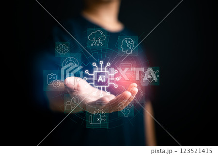 Artificial Intelligence as a Central Force. The depiction of AI at the core signifies its integration across various industries, from data processing to business intelligence. 123521415