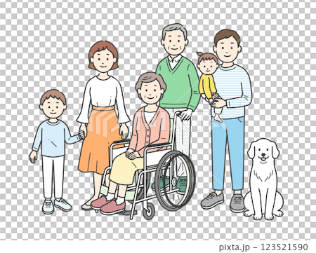 三代家庭與寵物的全身插畫 123521590