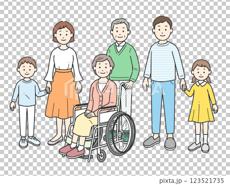Full body illustration of three generations of family gathered together 123521735