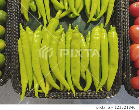 Fresh Green Chili Peppers for Culinary Use and Recipe Preparation Fresh Green Chili Peppers for Culinary Use and Recipe Preparation 123521846
