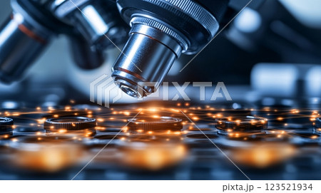 Close-Up of Laboratory Microscope with Focus on Optical Lens Close-Up of Laboratory Microscope with Focus on Optical Lens 123521934