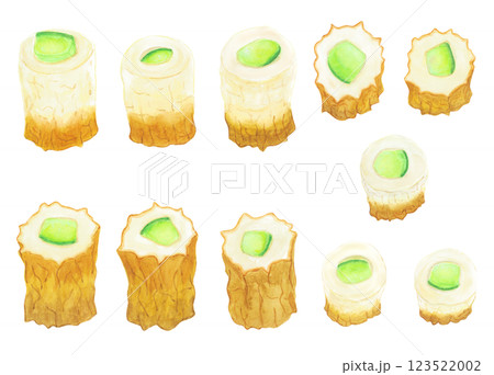 水彩で描いたきゅうりを詰めたちくわのイラスト 123522002
