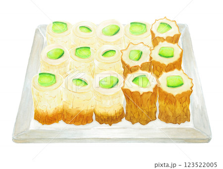 水彩で描いたきゅうりを詰めたちくわのイラスト 123522005