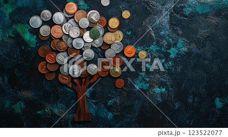 Creative Representation of Tree Made of Coins on Dark Background Creative Representation of Tree Made of Coins on Dark Background 123522077