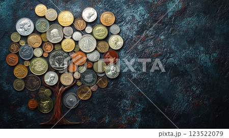 Artistic Arrangement of Coins Shaped Like a Tree on Dark Background Artistic Arrangement of Coins Shaped Like a Tree on Dark Background 123522079