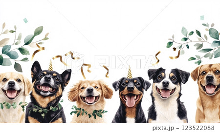 Happy Dogs at Birthday Celebration with Party Hats and Greenery 123522088