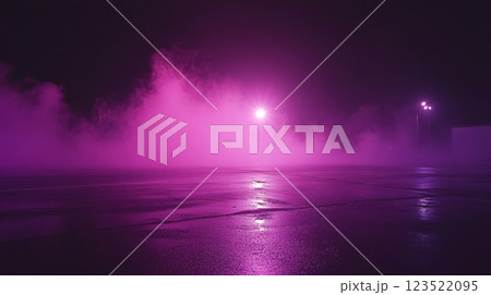 Ethereal Pink Fog on Empty Wet Street at Night with Street Lights 123522095