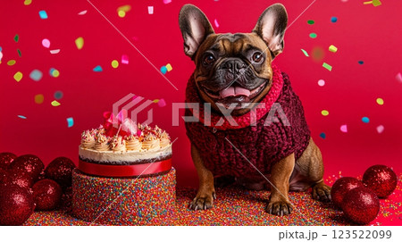 Happy French Bulldog Celebrating with Cake and Colorful Confetti 123522099