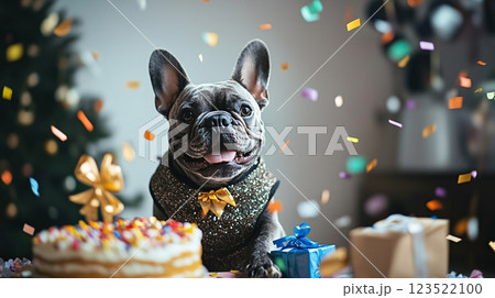 Adorable French Bulldog at Birthday Celebration with Cake and Gifts 123522100