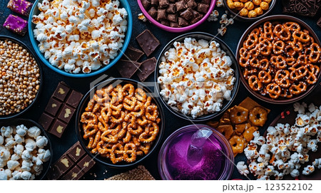 Assorted Snack Selection with Popcorn, Pretzels, and Chocolate Treats 123522102