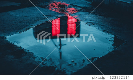 Reflection of Neon Lights on Wet Surface at Nighttime Reflection of Neon Lights on Wet Surface at Nighttime 123522114