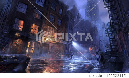Dark, Rainy Urban Street Scene with Dim Lighting and Mystery Dark, Rainy Urban Street Scene with Dim Lighting and Mystery 123522115
