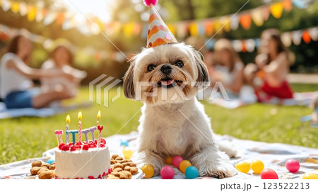 Happy Dog Celebrating Birthday with Cake and Party Decorations Outdoors 123522213