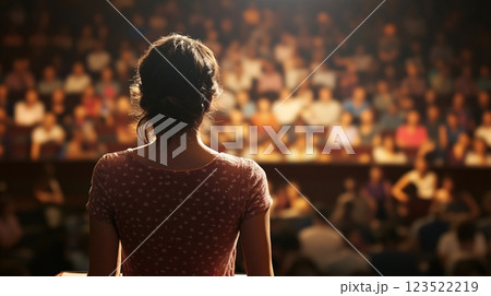 Woman Speaking to Engaged Audience in a Large Auditorium Setting 123522219