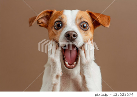 驚きの表情をする犬のユニークなポートレート 123522574