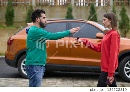 Car keys handshake, seller or car salesman and customer in a dealership, shake hands over the car keys 123522819
