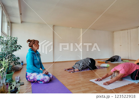 Senior Women Embrace Wellness: Yoga and Stretching in a Sunlit Space 123522918